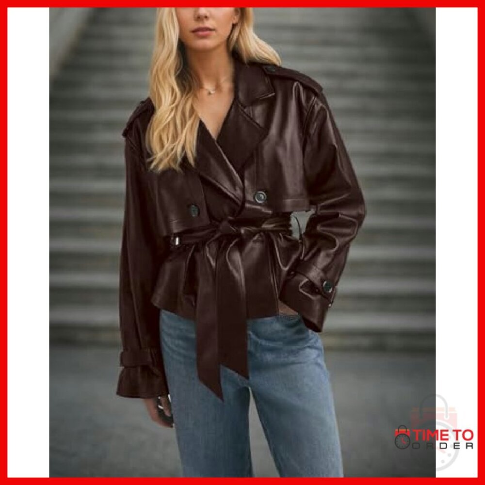 Faux Leather Belted Trench Coat Moto Jacket Women's Size Small - Picture 4 of 7